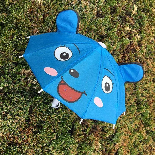 Fun Cartoon Umbrella for Toddlers with Long Handle — blue smiling animal face umbrella with ears, playful prop for imaginative play