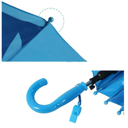 Fun Cartoon Umbrella for Toddlers with Long Handle showing blue canopy tip, curved long handle and attached whistle prop