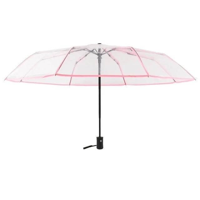 Compact Transparent Automatic Three-Folding Umbrella for Everyday Use - clear canopy with pink trim, compact automatic three-folding design for commuting and travel