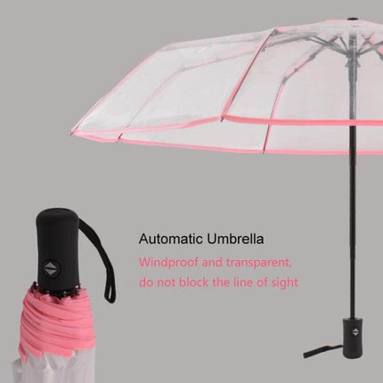 Compact Transparent Automatic Three-Folding Umbrella for Everyday Use - clear canopy pink trim, compact foldable automatic design