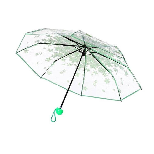 Cherry Blossom Transparent Folding Umbrella for Everyday Protection - Clear canopy with green cherry blossom print and 3-section collapsible pole
