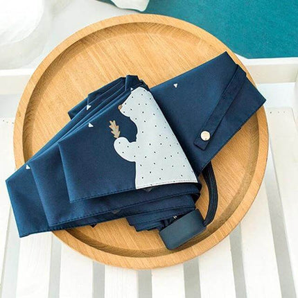 Compact Anti-UV Folding Umbrella for Everyday Outdoor Use - navy triple-fold umbrella with cactus print, anti-UV coating, compact and portable