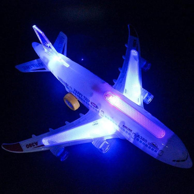 Playful Toy Airplane for Kids' Enjoyment at Home glowing ground-play airplane toy that reverses on obstacles for indoor carpet fun