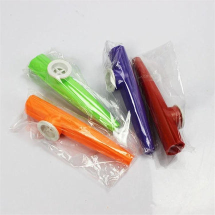 Colorful Plastic Kazoo for Children's Daily Music Fun - four bright plastic kazoos in orange, green, purple, red in clear packaging
