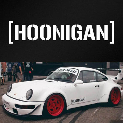 HOONIGAN Fashion Racing Car Sticker for Vehicle Decoration, 19x7cm applied on white Porsche with red wheels for car customization