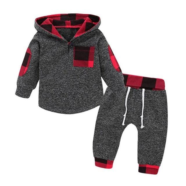 Hoodies Toddler Plaid Hooded Tops Long Pants Kids Set, 70cm, 80cm, 90cm, 100cm 