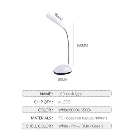 Bedside LED Lamp for Children's Evening Reading and Nighttime Use - round white LED desk lamp, soft glow, 4 LEDs, 160mm height, white/pink/blue/green shell
