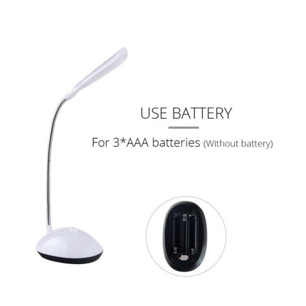 Bedside LED Lamp for Children's Evening Reading and Nighttime Use - compact round LED desk lamp on nightstand, battery-powered (3x AAA) gentle reading light