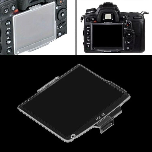 Hard LCD Screen Protector for Nikon D90 Camera, Fits 6.4x6.9cm Screen - clear ABS protector shown installed and separately