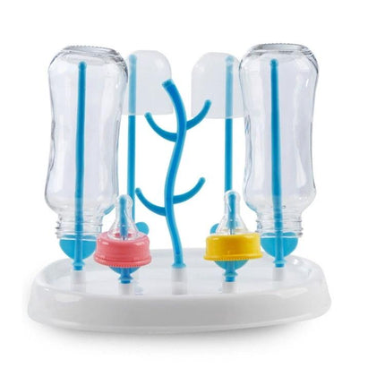 Baby Bottle Drying Rack Tree Shape For Infant Bottles - white base with blue tree branches holding inverted baby bottles and colorful nipples