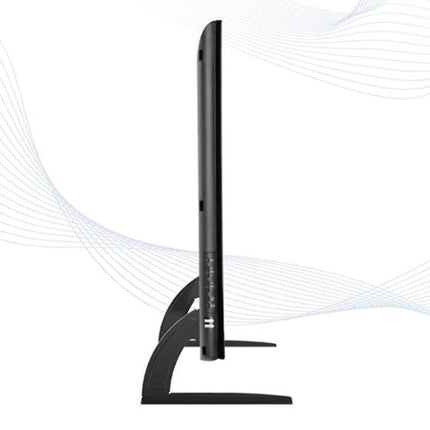 Adjustable Desktop TV Stand for 35-72 Inch Screens in black cold-rolled steel, slim side profile on desk showing height-adjustable mounting