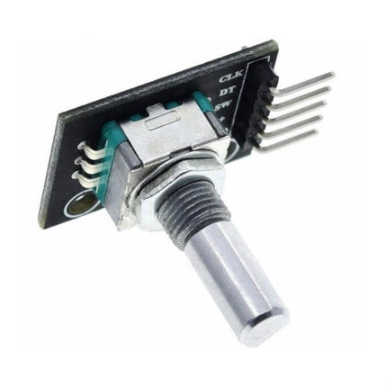 Rotary Encoder Module with Button for DIY Electronics Projects — metal-shaft encoder module with 5-pin PCB and push-button