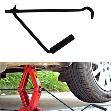 Foldable Hand Jack for Roadside Tire Changes in Emergencies compact foldable jack and handle shown with car lifted for tire change