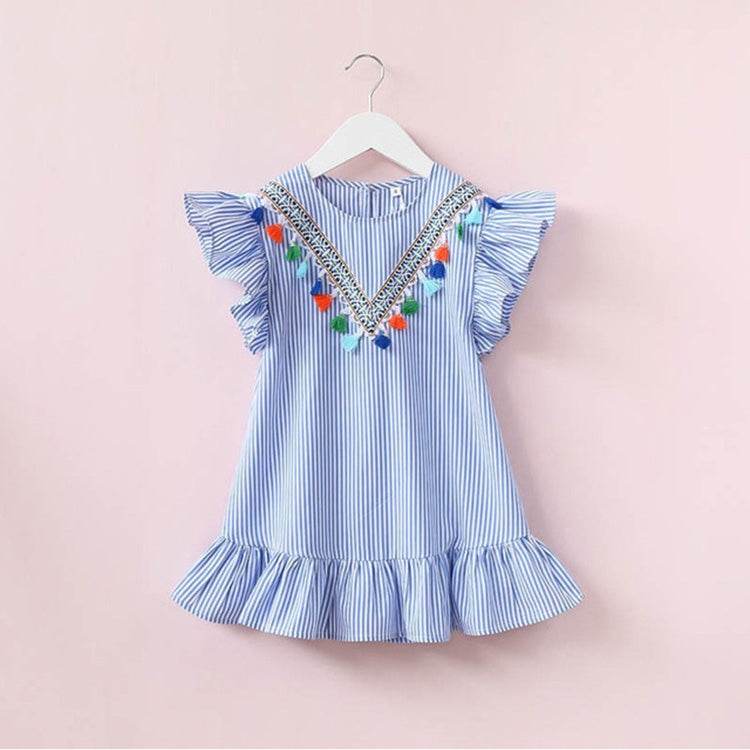 Girls Neckline Tassel Vertical Stripes Ruffled Dress 90cm to 140cm