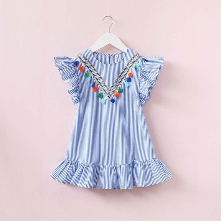 Girls Ruffled Dress with Vertical Stripes and Tassel Neckline