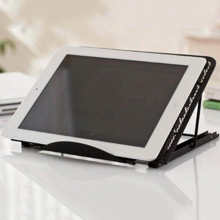 Portable Adjustable Ventilated Laptop Stand for Desktops holding a tablet at an angled, ventilated metal-mesh surface for cooling and ergonomic viewing