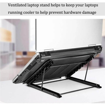 Portable Adjustable Ventilated Laptop Stand for Desktops showing metal-mesh elevated angle for cooling and improved posture