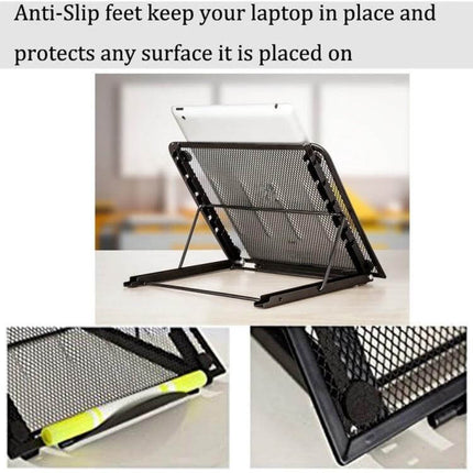 Portable Adjustable Ventilated Laptop Stand for Desktops showing metal mesh surface, adjustable angles and anti-slip feet for cooling and posture support