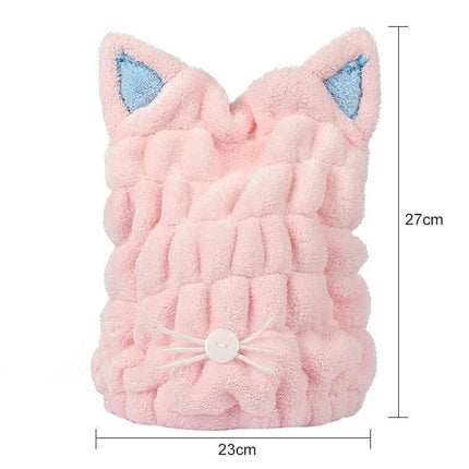Cat Ear Shower Cap for Everyday Hair Drying at Home - pink coral fleece cap with cat ears, button tie and dimensions 23x27cm