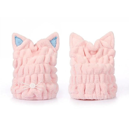 Cat Ear Shower Cap for Everyday Hair Drying at Home - pink coral fleece cat ear hair drying cap for shower and quick drying