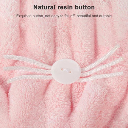 Cat Ear Shower Cap for Everyday Hair Drying at Home - pink coral fleece cap close-up of natural resin button and drawstring detail
