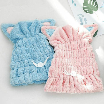 Cat Ear Shower Cap for Everyday Hair Drying at Home - pink and blue coral fleece caps with cat ears and button loop for at-home hair care