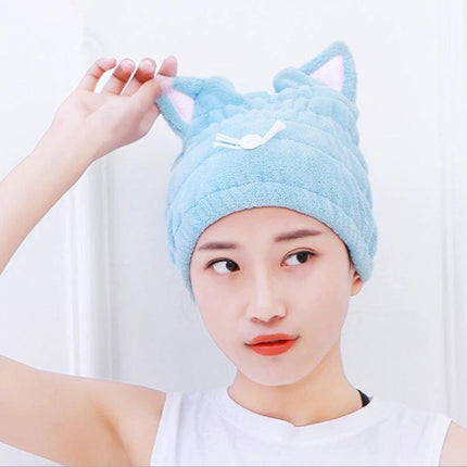 Cat Ear Shower Cap for Everyday Hair Drying at Home - blue coral fleece cap with cat ears worn by woman