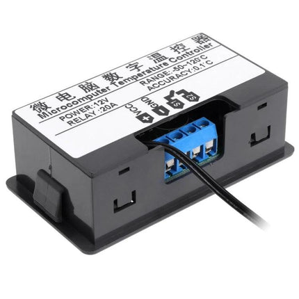 Digital Thermostat with Display for Temperature Control Systems compact module with red/blue display and wiring terminals for home or refrigeration use