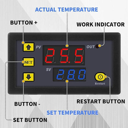 Digital Thermostat with Display for Temperature Control Systems showing red PV and blue SV readings, buttons and restart indicator