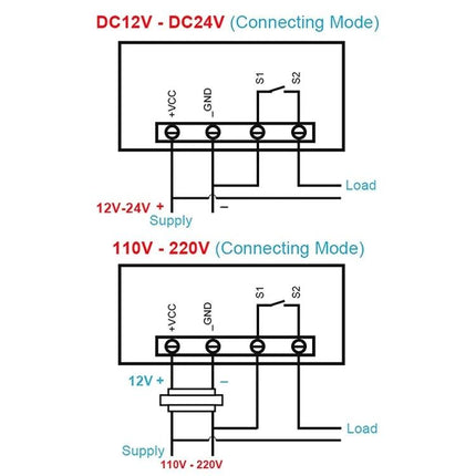 Digital Thermostat with Display for Temperature Control Systems wiring diagram showing DC 12–24V and 110–220V connecting modes, VCC, GND, S1 S2