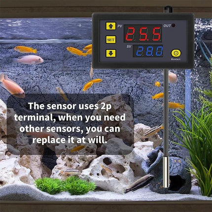 Digital Thermostat with Display for Temperature Control Systems showing red and blue display installed in aquarium maintaining precise temperature