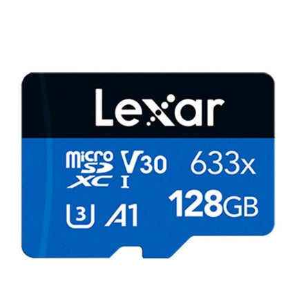 Lexar 128GB TF Card for Mobile Phones and Driving Recorders — blue microSDXC card labeled 128GB V30 633x A1 for smartphones and dash cams