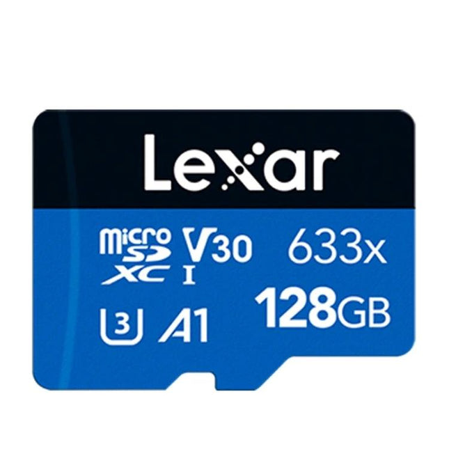 Lexar 128GB TF Card for Mobile Phones and Driving Recorders — blue microSDXC card labeled 128GB V30 633x A1 for smartphones and dash cams