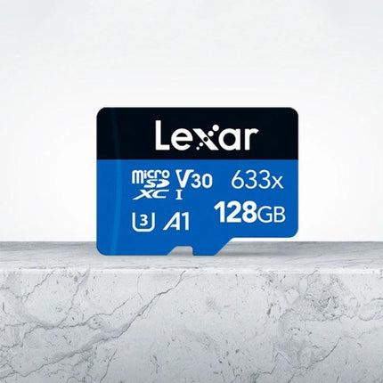Lexar 128GB TF Card for Mobile Phones and Driving Recorders - blue microSD card showing 128GB, V30, 633x speed for phones and dash cams