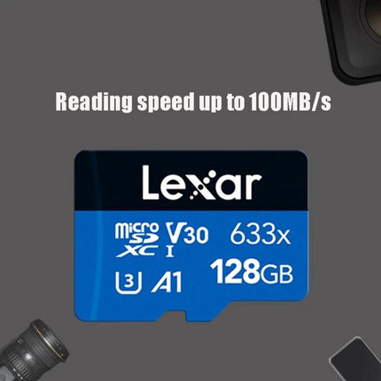 Lexar 128GB TF Card for Mobile Phones and Driving Recorders in blue microSD card showing 128GB and 100MB/s reading speed