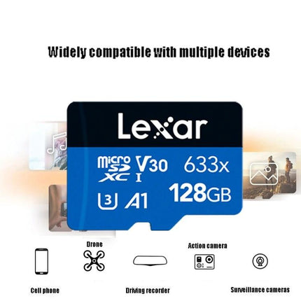Lexar 128GB TF Card for Mobile Phones and Driving Recorders - blue microSDXC card showing 633x V30 A1 for phones, dash cams, drones and surveillance