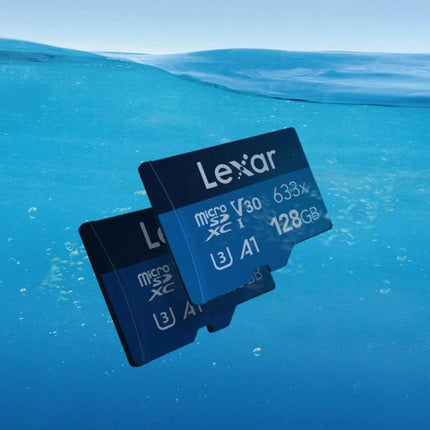 Lexar 128GB TF Card for Mobile Phones and Driving Recorders showing two waterproof micro SD cards underwater, ideal for phones and dash cams