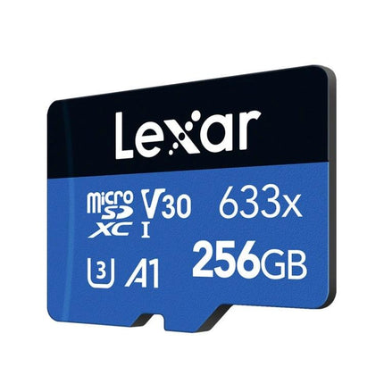 Lexar 633x 256GB TF Card for Mobile and Camera Storage - blue Lexar microSD card showing 256GB, V30, A1, U3 labeling