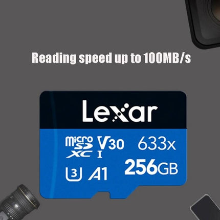 Lexar 633x 256GB TF Card for Mobile and Camera Storage showing blue 256GB microSD card with 633x V30 A1 up to 100MB/s read speed