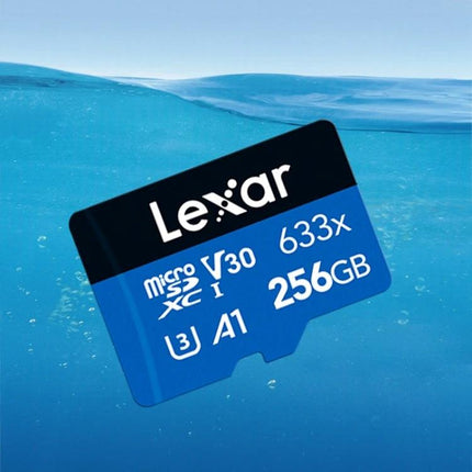 Lexar 633x 256GB TF Card for Mobile and Camera Storage floating microSD card image showing capacity and speed class
