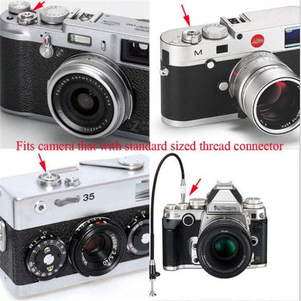 100cm Mechanical Shutter Release Cable for Fujifilm and Leica Cameras - remote shutter cable shown connected to vintage Fujifilm and Leica style cameras