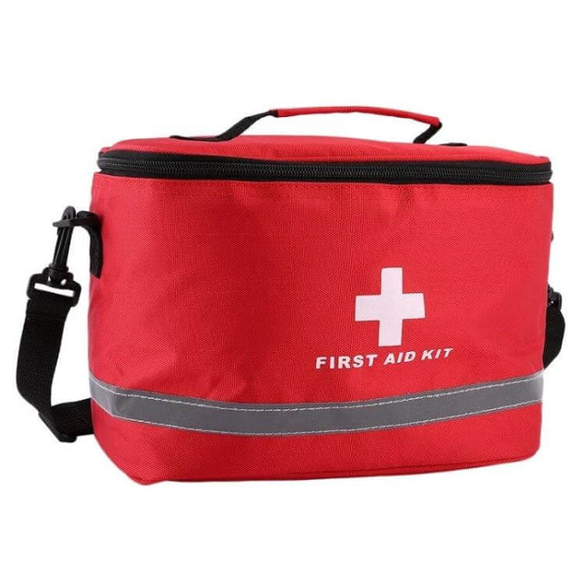 Outdoor First Aid Kit 30x20x20cm Waterproof Nylon Case in red with cross symbol, multiple pockets and shoulder strap, compact waterproof design