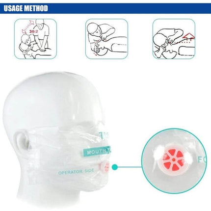 Compact CPR Face Shield Mask with Key Ring for Emergencies showing clear shield on mannequin with one-way valve and usage diagrams