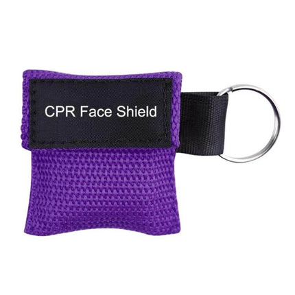 Compact CPR Face Shield Mask with Key Ring for Emergencies compact purple keyring pouch showing CPR face shield label, portable emergency CPR barrier