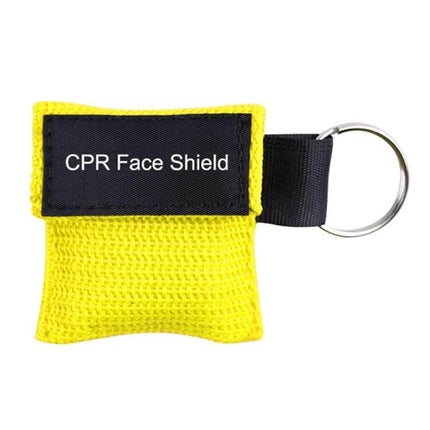Compact CPR Face Shield Mask with Key Ring for Emergencies yellow pouch keyring showing CPR face shield label