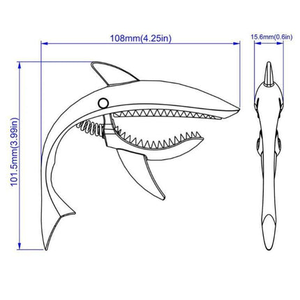 Shark-Shaped Capo for Everyday Guitar Music Sessions black line drawing with dimensions 108mm x 101.5mm and 15.6mm top view