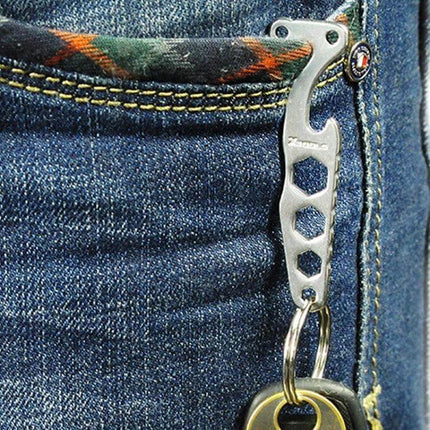Pocket Stainless Steel Key Holder Bottle Opener For EDC clipped to jeans pocket on key ring showing hex wrench cutouts and durable 440C stainless steel