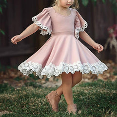 Girls A-line Lace Dress with Trumpet Sleeves and 3D Floral Embellishments