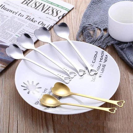 Heart Shaped Stainless Steel Teaspoon Set For Coffee Or Desserts - mirror polished heart spoons on plate for coffee and desserts