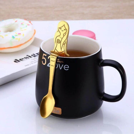 Mermaid Shape Coffee Spoon Stainless Steel For Everyday Use - gold mermaid spoon in black mug stirring coffee, 12.5cm 304 stainless steel